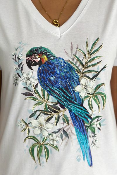 FEMELLE Tricou alb pentru femei, cu decolteu în V, cu paiete de papagal albastru, brodat cu paiete, 100% bumbac