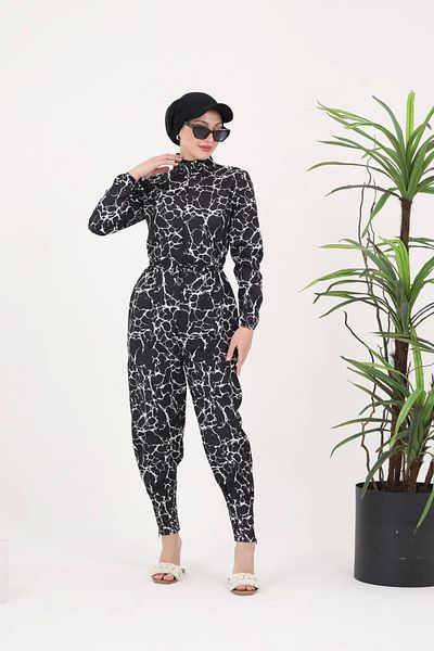NS Tasarım Tesettür Mayo Marble Pattern Jumpsuit Swimsuit