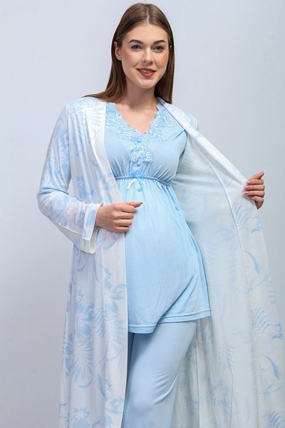 ByLohusa Set de pijamale de maternitate pentru gravide Effortt Blue Peignoir