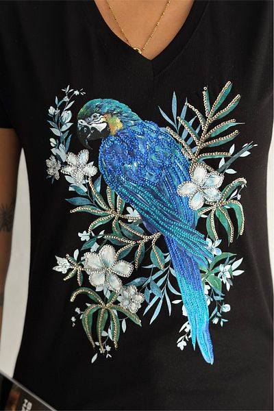 FEMELLE Tricou de damă, negru, cu decolteu în V, cu paiete cu paiete, brodat, 100% bumbac