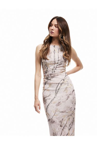 Koton Bez rukávů Crew Neck Drape Detailní vzorované bodycon dlouhé tužkové šaty