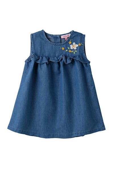 Basicxx Girls Blue Embroidered Sleeveless Denim Dress