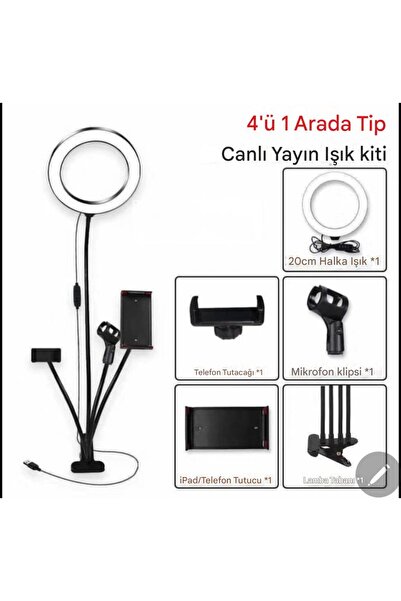 Asfal 4in1 Masaüstü Mikrofon-Telefon-Tablet- Tutuculu Selfie Işığı 3 Renkli L...