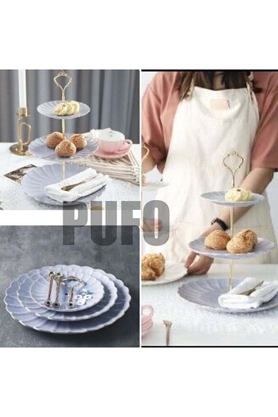 PUFO Bol cu ​​fructe cu 3 niveluri, pentru bomboane, prăjituri, fructe, aperitive, mâner metalic, albastru