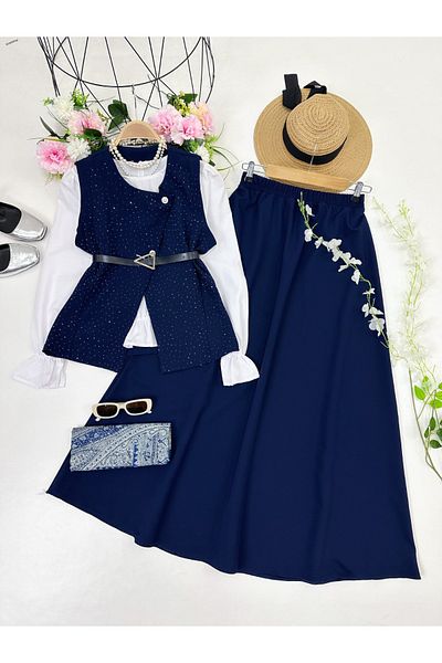YEDİLALE Stoned Vest Skirt Double Set [Vest, Belt, Skirt Included in Price]