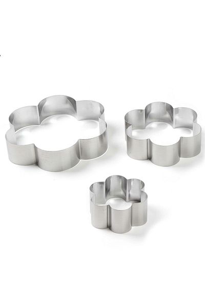 PUFO Set de 3 inele metalice în formă de floare, pentru blaturi de tort, fursecuri, oțel inoxidabil, argintiu