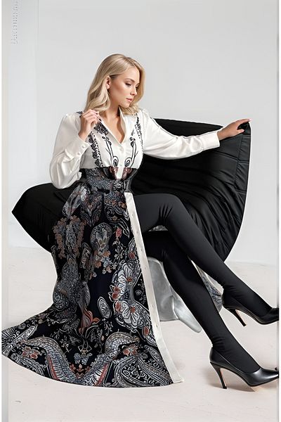 WellWay Rochie neagră cu guler de cămașă cu imprimeu floral Atlas, cu detaliu de nasturi (INCLUSIV CUREA)-2502