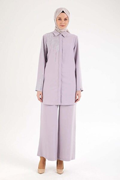 Armine Taş Detaylı Pantolonlu İkili Takım - Lila
