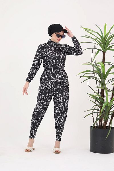 NS Tasarım Tesettür Mayo Marble Pattern Jumpsuit Swimsuit
