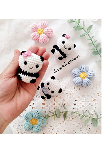 ilmekhobievi Amigurumi Sevimli Panda Pembe Fiyonklu Organic Oyuncak-Anahtarlık 6cm (1 adet)