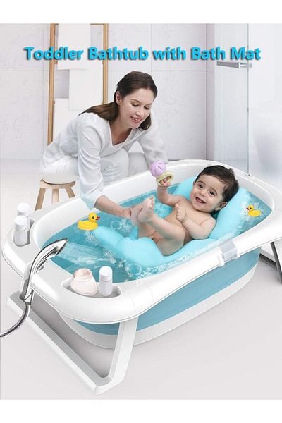 Yelajoy Baby Bathtub,Intelligent Temperature,with Bath Cushion,Portable Folding,Blue