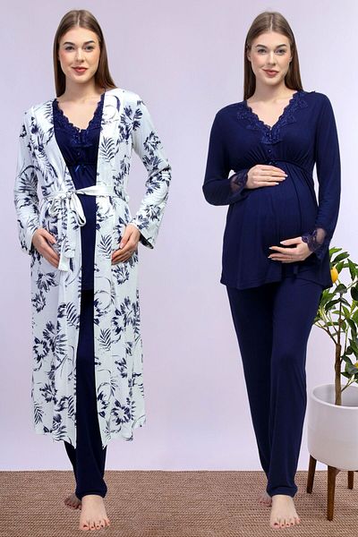 ByLohusa Effortt Navy Blue Maternity Pajama Set with Dressing Gown
