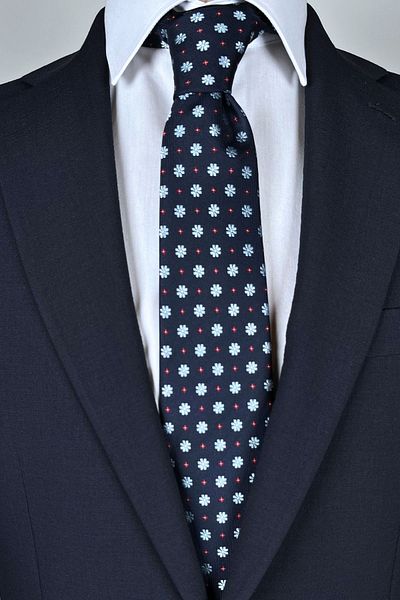 1001 Kravat Blue Floral Patterned 8 cm Wide Classic Navy Blue Tie