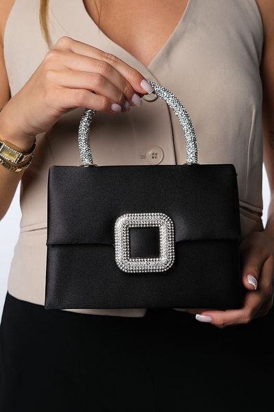 LuviShoes Geantă de mână pentru femei VALERIA Black Satin Stone