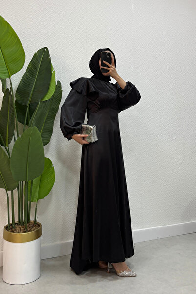 Tarzım Tuba Kuyruklu Belden Oturtmalı Tuba Saten Abiye Siyah