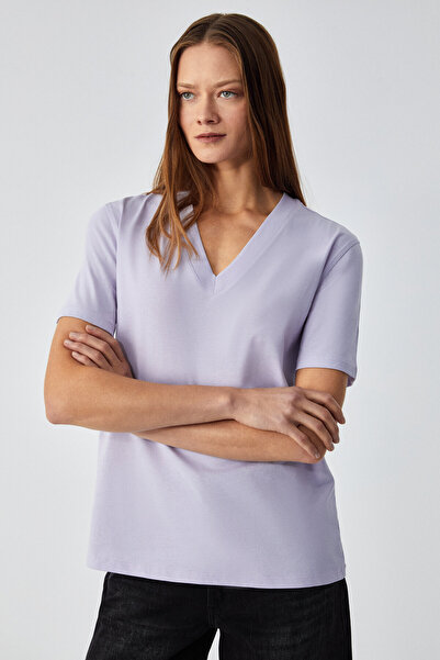 GRIMELANGE Aline Women's 100% Organic Cotton Deep V-Neck Comfort Fit Lilac T-Shirt