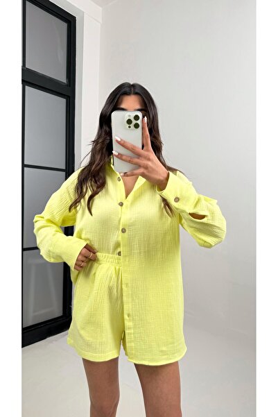 Gaus Sarı Önü Düğmeli Gömlek Beli Lastikli Cepli Şort Müslin Takım Gaus00343