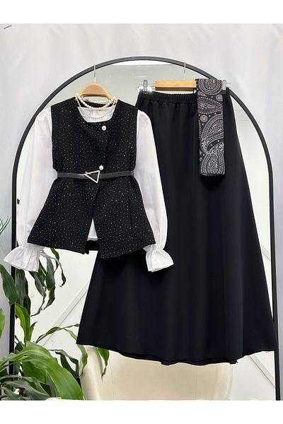 YEDİLALE Stoned Vest Skirt Double Set [Vest, Belt, Skirt Included in Price]