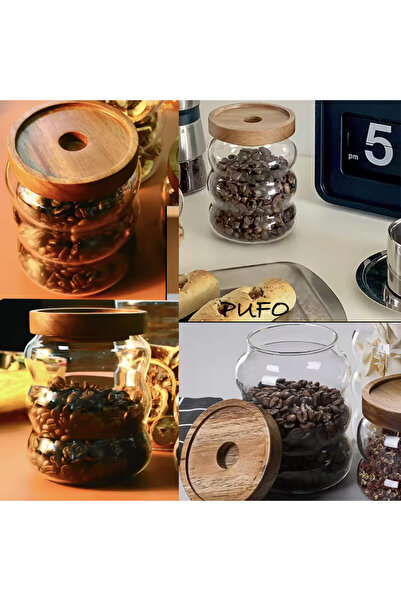 PUFO Recipient din sticlă borosilicată Spiecy pentru zahăr, cafea, ceai sau condimente, cu capac din lemn, 600 ml