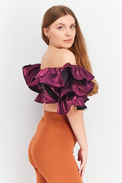 Yaura Women Off Shoulder Ruffle Sleeve Plain Cropped Top, Purple