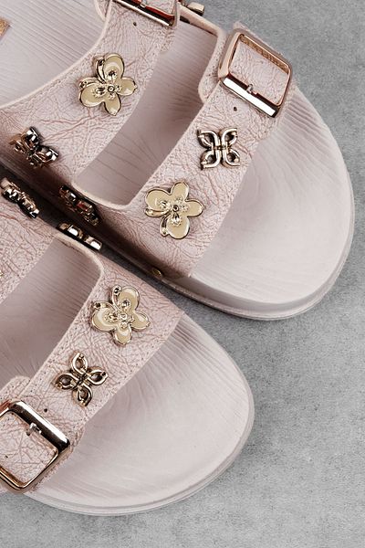 Lal Shoes & Bags Women's Double Striped Flower Detailed Slippers-Cream