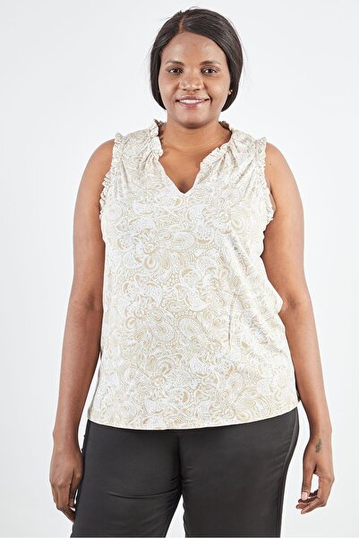 Michael Kors Women Plus Size Slit Neck Cap Sleeve Paisley Print Top, Khaki