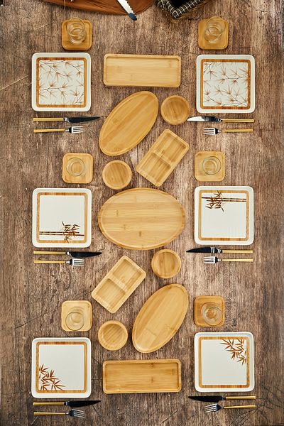 Espas Home 23 Piece Bamboo Ceramic Breakfast Set