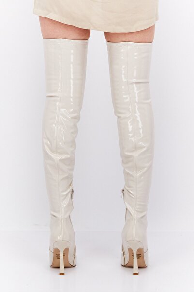 Steve Madden Women Slip On Plain Tall Boots, Cream