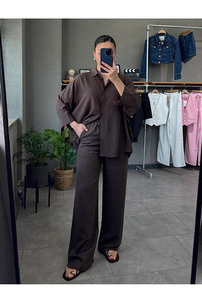 My Blog Brown Lirio Shirt Pants Set - 8674