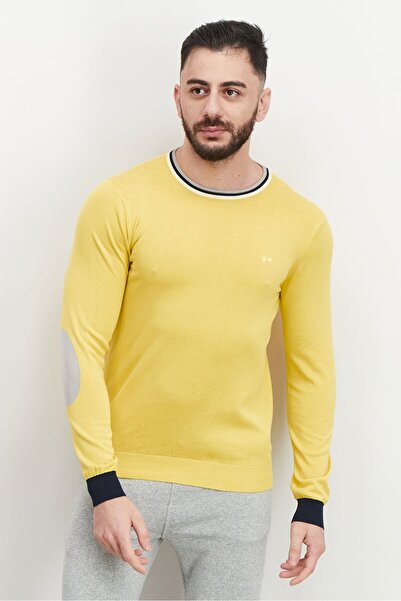 SUN68 Men Round Neck Long Sleeve Solid Sweatshirt, Yellow