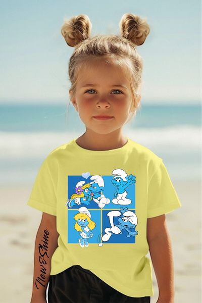 New Shine 1 tricou este un cadou pentru achiziții de 6 și mai sus în coș - Tricou pentru copii oversize imprimat cu imprimeu Smurfs