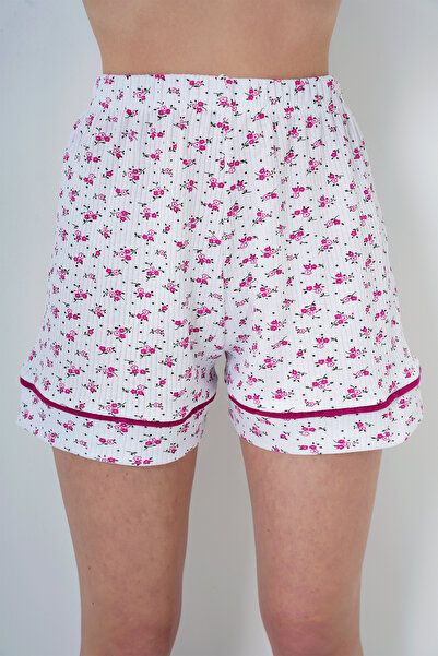 VAGGON Kadın Papatya Desen Fuşya Tek Cepli Biye Detaylı Pamuklu Gömlek Ve Şortlu Pijama Takımı Pjmx13911