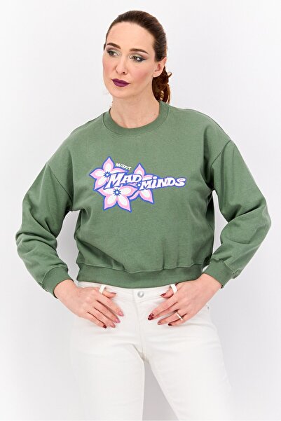 Misfit Women Crew Neck Graphic Print Long Sleeves Sweatshirt, Olive