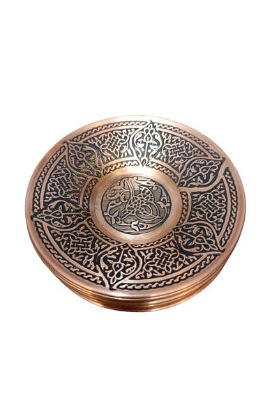 SAFİR ÇAY KAZANLARI Sapphire Tea Cup Copper Coaster Set Special Forging Yellow Copper Tea Cup Coaster Tea Plate