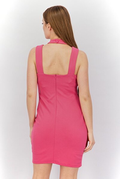 Bebe Women Plain Halter Neck Bodycon Dress, Fuchsia