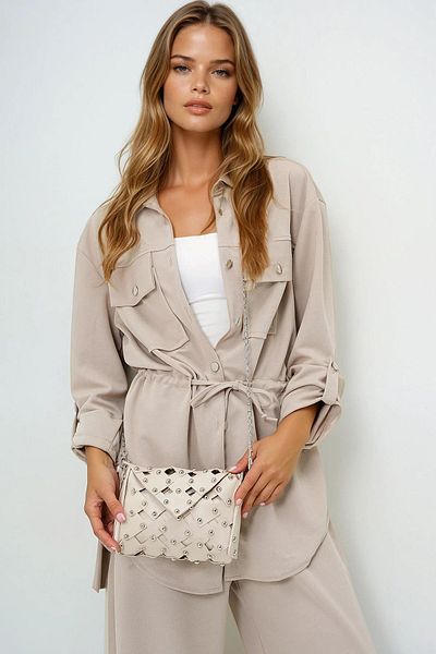 VAGGON Women's Beige Laser Cut Shoulder Bag with Metal Accessories Prmx14009