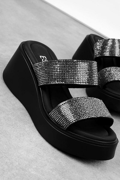 Lal Shoes & Bags Livo Women's Shiny Stone Detailed Wedge Heeled Slippers-Black