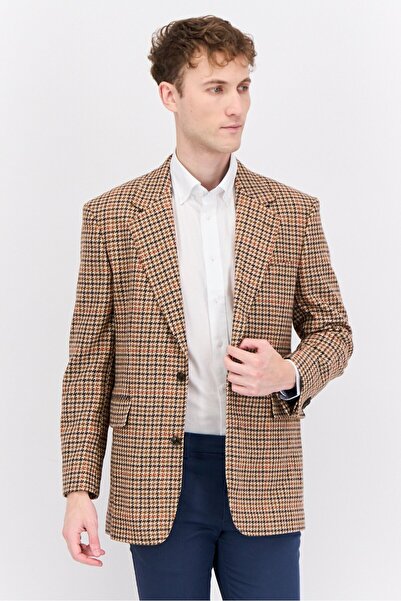Gant بليزر رجالي شبه رسمي بنقشة مربعات، بقصّة قصة مريحة ، لون بيج/بني فاتح