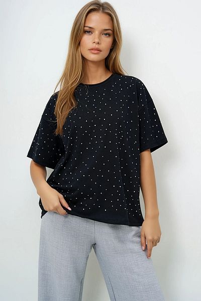 VAGGON Tricou de bază negru pentru femei, cu decolteu rotund, brodat cu piatră Prmx13901