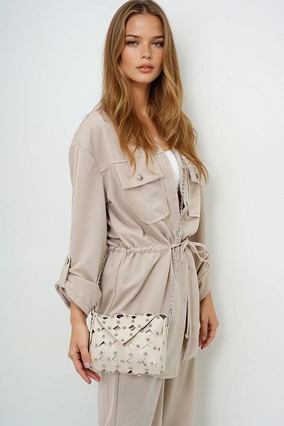 VAGGON Women's Beige Laser Cut Shoulder Bag with Metal Accessories Prmx14009