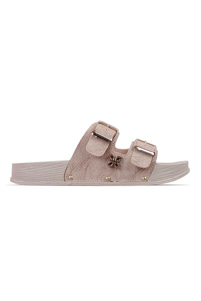 Lal Shoes & Bags Women's Double Striped Flower Detailed Slippers-Cream