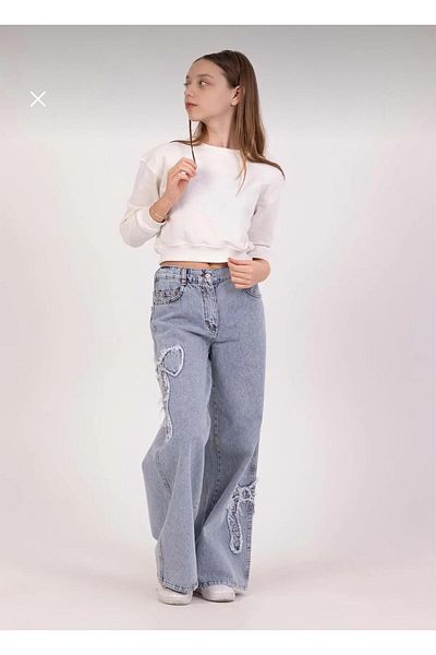 Asortix Ribbon Bow Embroidered Soft Textured Wide Leg Wide Leg 100% Cotton Jean Girls' Jeans