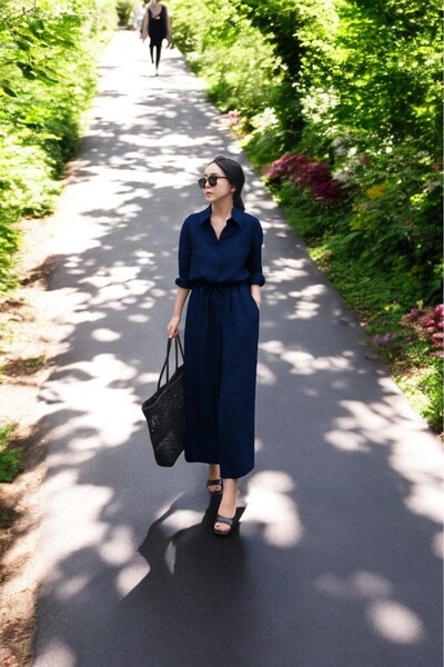 Barbora Beli Bağcıklı Gömlek Yaka Rahat Keten Elbise