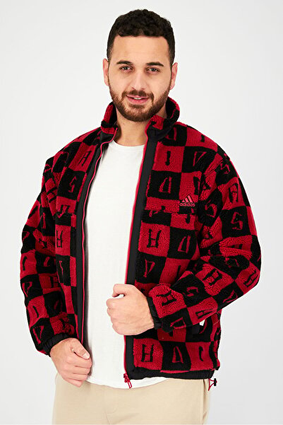 adidas Men Sport Fit Long Sleeve Textured Jacket, Red and Black