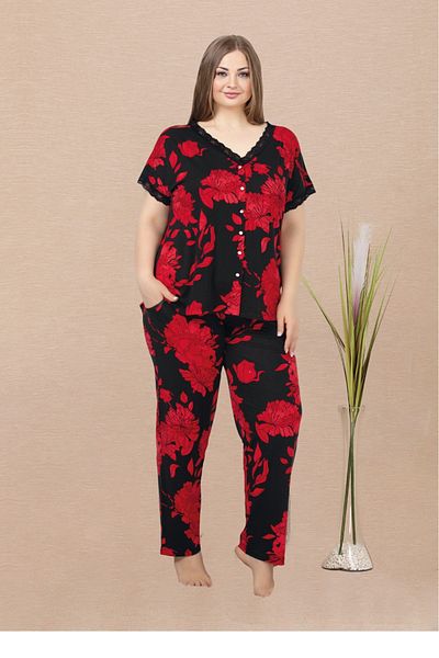 Lady Lingerie Floral Patterned, Short-Sleeved, Buttoned Oversize Women's Pajama Set