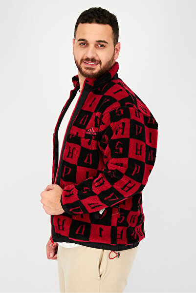 adidas Men Sport Fit Long Sleeve Textured Jacket, Red and Black