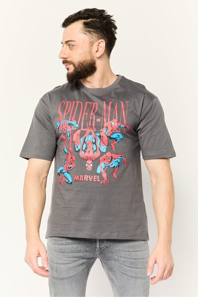 Marvel تيشيرتات سبايدر مان للرجال، بأكمام قصيرة ورقبة دائرية، رمادي