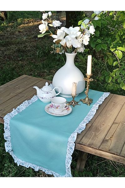 vintagetasarım Runner Floral Volanat Vintage Duck Linen