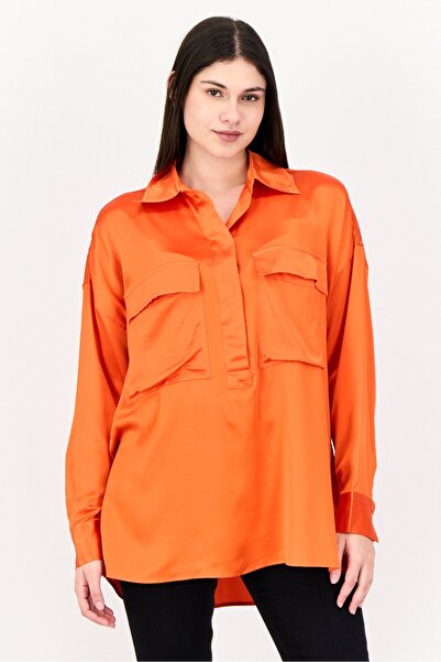 Esprit Women Spread Collar Long Sleeves Solid Blouse, Dark Orange