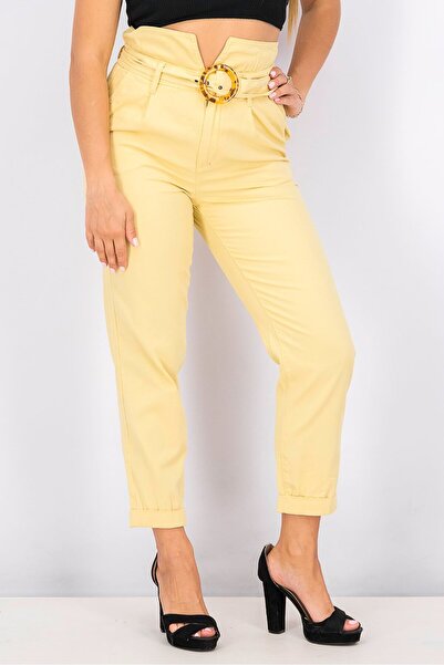 CAMAİEU Women Regular Fit Belted Pull On Pants, Yellow
